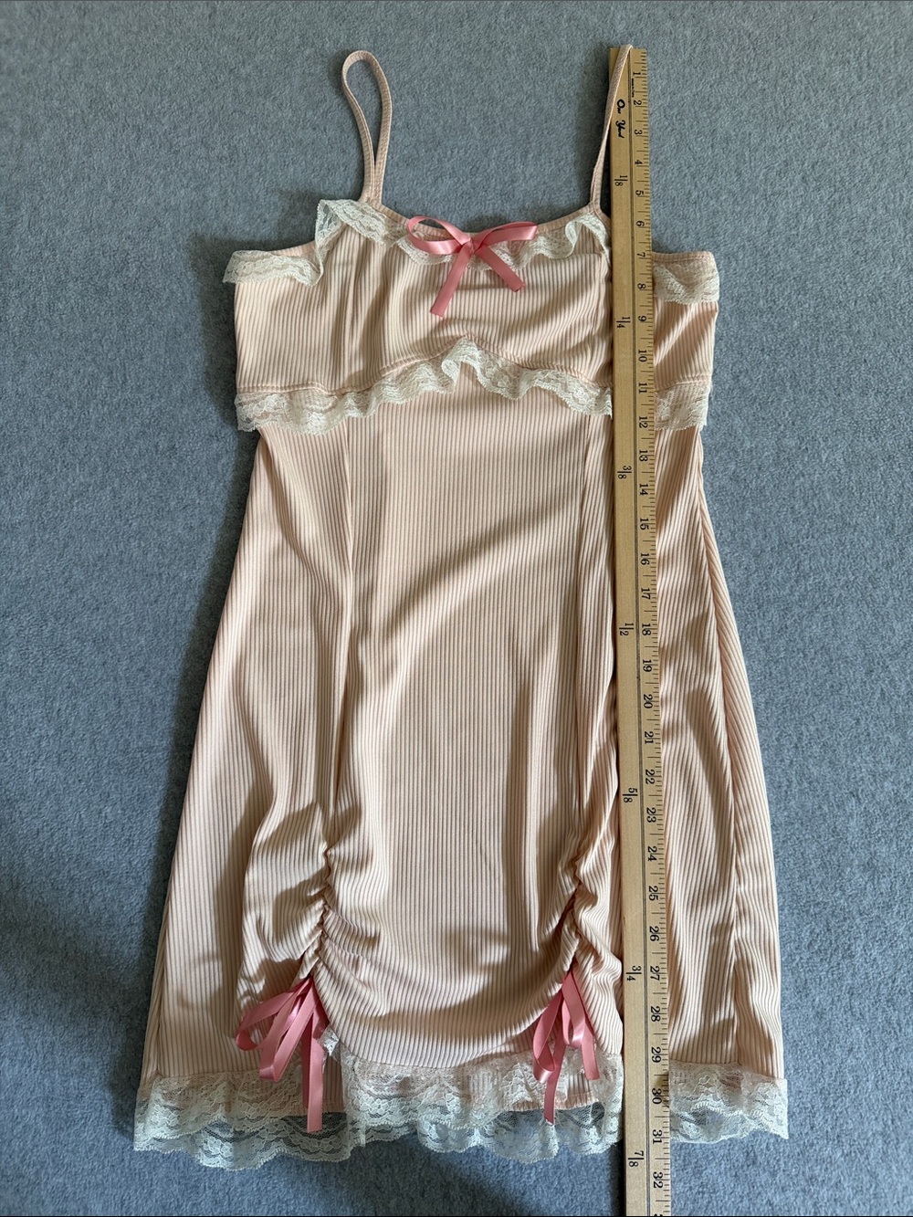 Coquette Cottagecore Pink Ribbed Lace-Trim Slip Dress Soft Girl Size Small - Picture 11 of 12